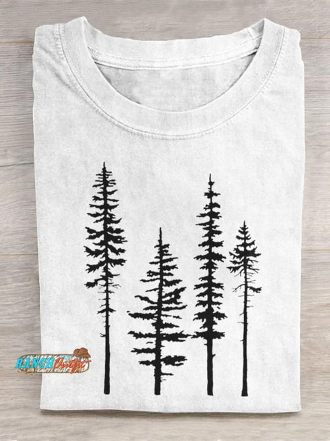 Pine Trees Silhouette Graphic Printed T-Shirt White / S