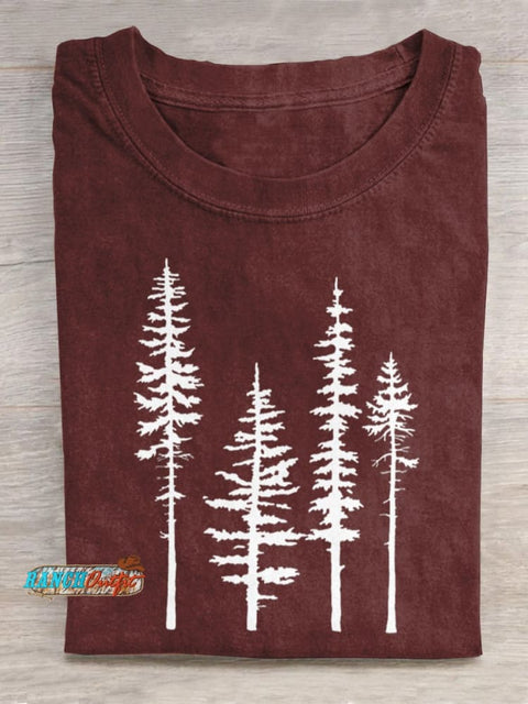 Pine Trees Silhouette Graphic Printed T-Shirt Red / S