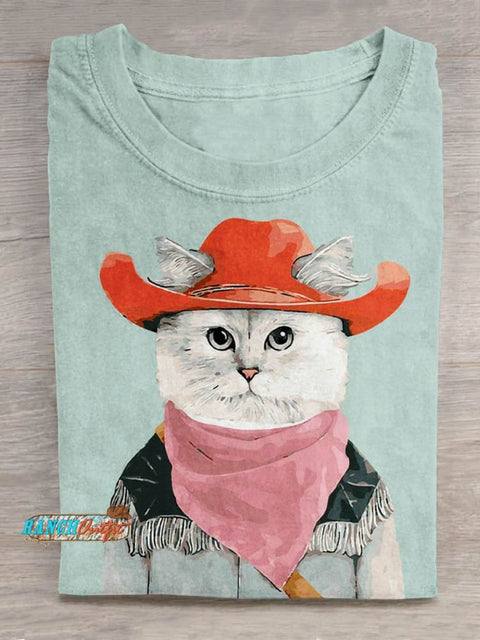 Funny Western Cowboy Cat Art Pattern Print Casual T-Shirt Multicolor / S