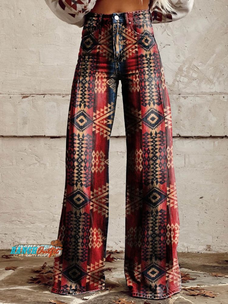 Women's Red and Blue Aztecs Print Casual Wide Leg Pants– ranchoutfit