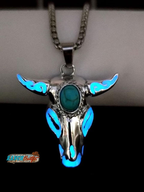 Turquoise Skull Bull Head Stainless Steel Glow Necklace Blue Light / 70Cm