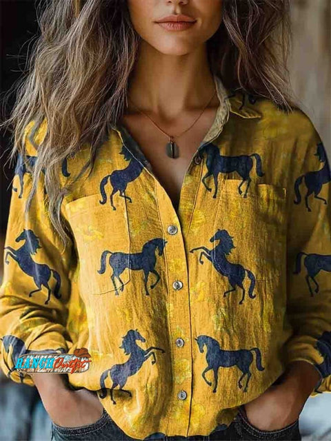 Women's Western Horse Print Casual Comfortable Cotton Henley Shirt