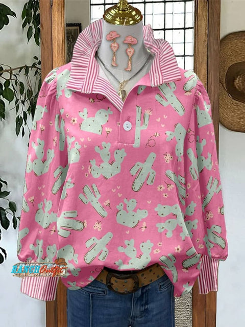 Women's Pink Cactus Print Casual Long Sleeve Comfortable Top