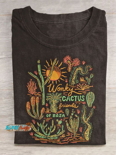 Retro Western Cactus Art Print Casual T-Shirt Brown / S