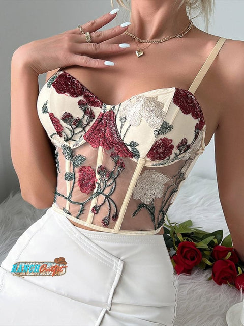 Three-Dimensional Embroidered Flower Suspender Belt Top