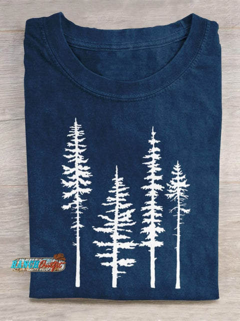 Pine Trees Silhouette Graphic Printed T-Shirt Blue / S