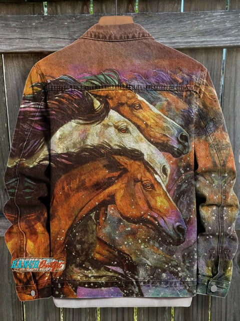 Running Horses Art Print Casual Denim Jacket