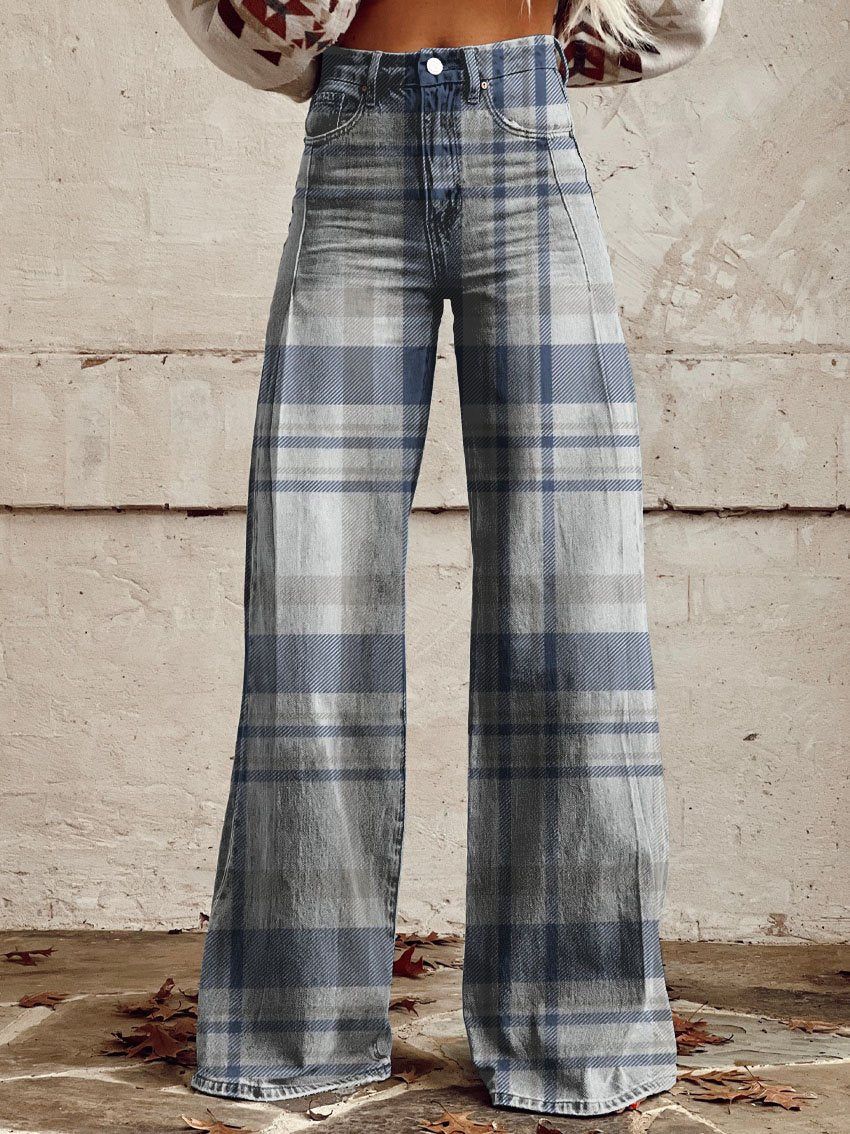 Women's Blue and White Checkered Texture Print Casual Wide Leg Pants ...