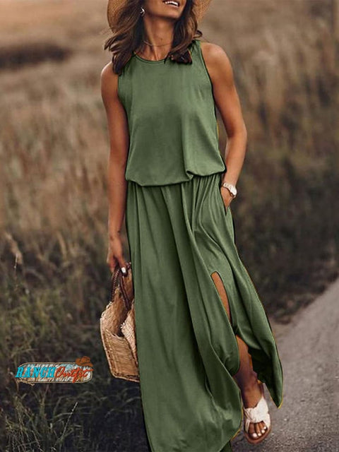 Women’s Solid Color Loose Elegant Casual Dress Dark Green / S