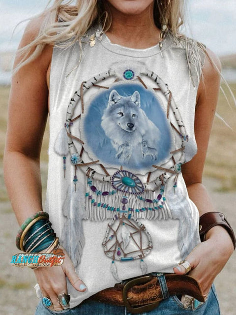 Women's White Dreamcatcher Print Casual Tank Top