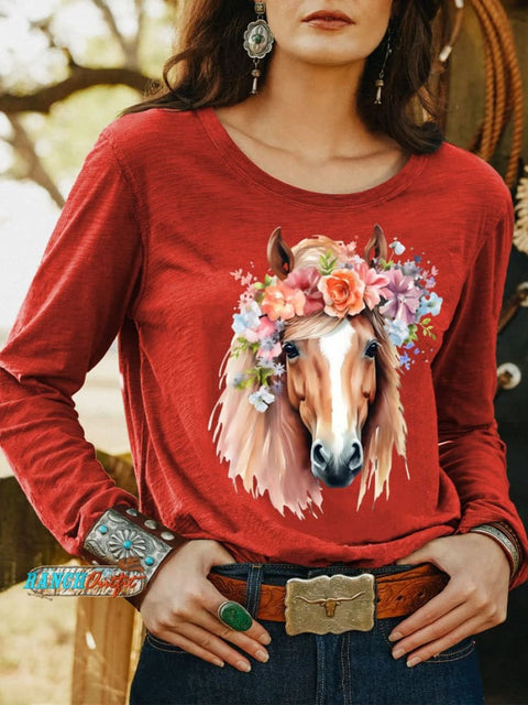 Women’s Wild Western Horse Art Print Casual T Shirt Red / S