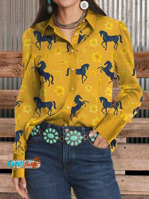 Women's Western Horse Print Casual Comfortable Cotton Henley Shirt