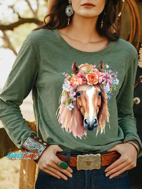 Women’s Wild Western Horse Art Print Casual T Shirt Green / S