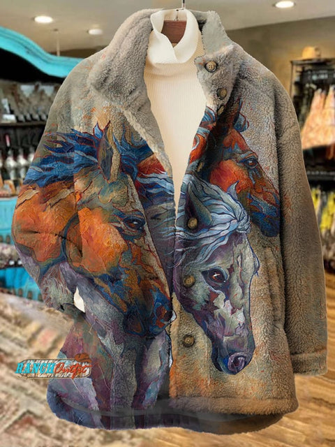 Women's Orange Horse Art Print Casual Sherpa Coat Cardigan