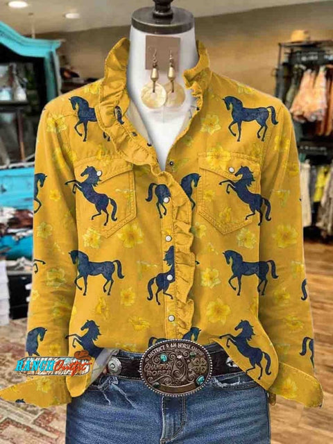 Women's Western Horse Print Casual Comfortable Cotton Henley Shirt