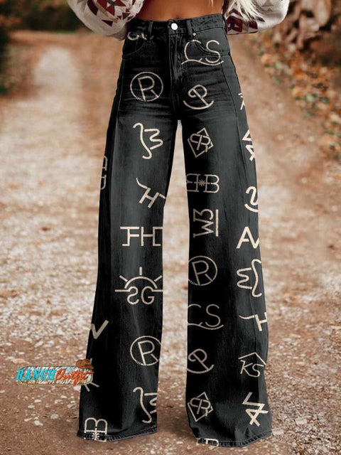 Women's Western Cattle Brands Print Casual Wide Leg Pants