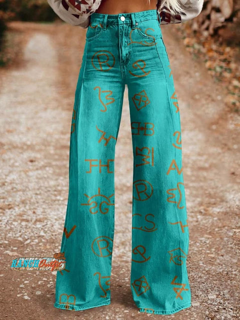 Women's Western Cattle Brands Print Casual Wide Leg Pants