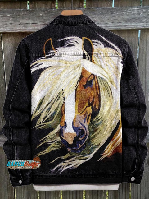 Black Horse Print Casual Denim Jacket