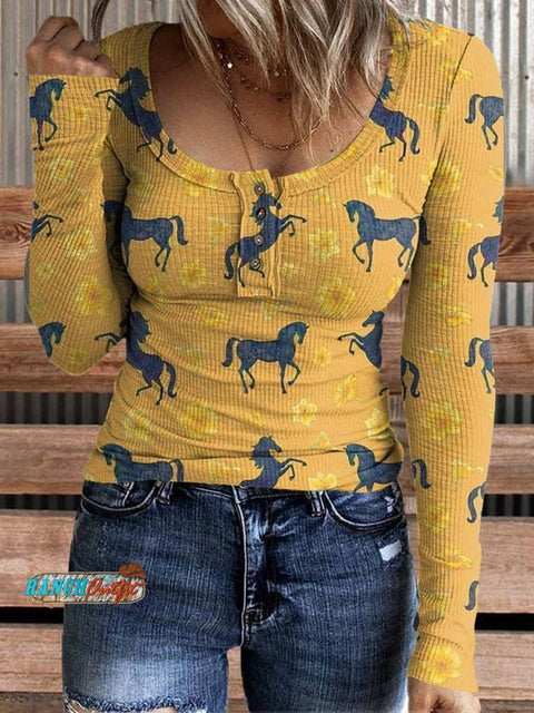 Women's Western Horse Print Casual Comfortable Cotton Henley Shirt