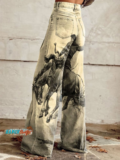 Women’s Wild West Cowboy Art Print Casual Wide Leg Pants