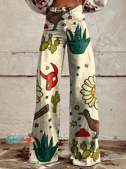 Women’s Western Print Casual Wide Leg Pants Multicolor / S