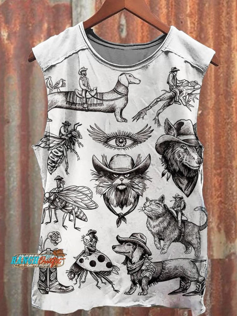 White Vintage Cowboys Animals Cats Dogs Insects Print 100% Cotton Casual Tank Top