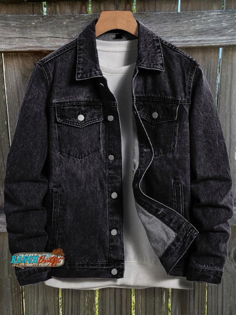 Black Horse Print Casual Denim Jacket