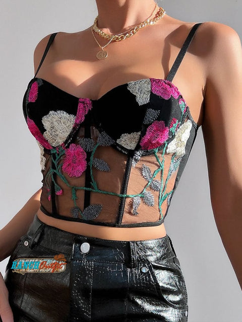 Three-Dimensional Embroidered Flower Suspender Belt Top