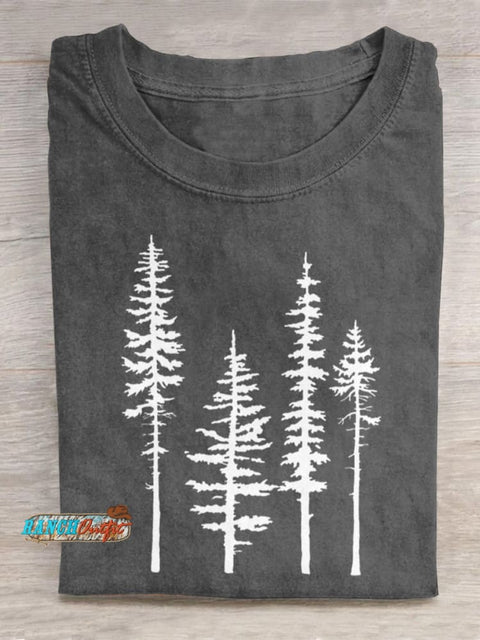 Pine Trees Silhouette Graphic Printed T-Shirt Grey / S