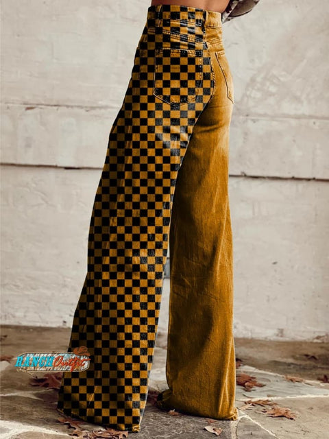 Women’s Yellow And Black Tartan Print Casual Wide Leg Pants