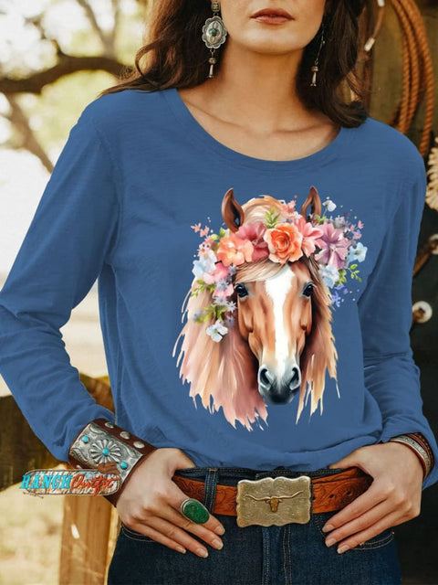 Women’s Wild Western Horse Art Print Casual T Shirt Blue / S