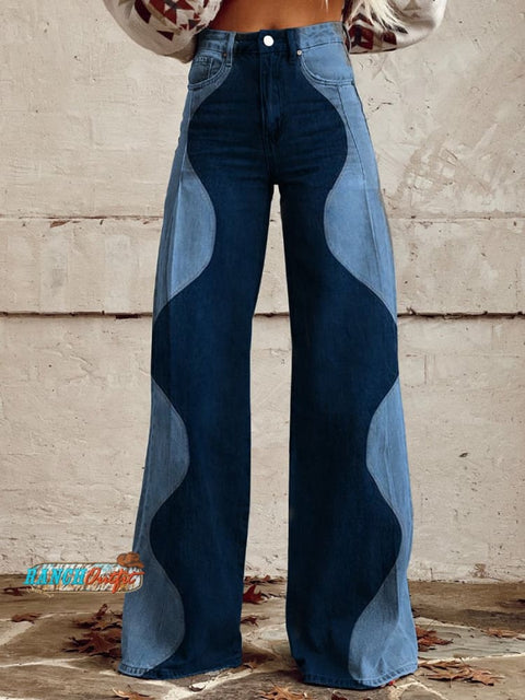 Women’s Wavy Denim Pattern Print Casual Wide Leg Pants Multicolor / S