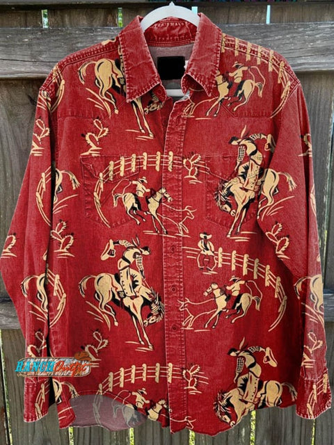 Red Cowboy Vintage Print Casual Shirt