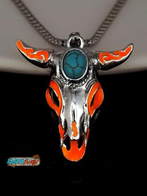 Turquoise Skull Bull Head Stainless Steel Glow Necklace Orange-Red Light / 70Cm