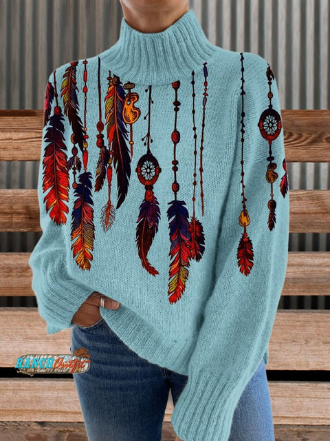 Blue Dream Catcher Feathers Print Knit Turtleneck Pullover Sweater