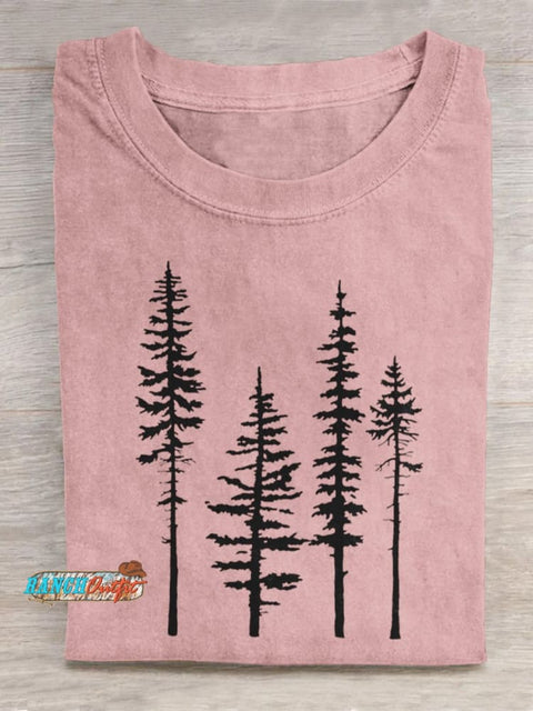 Pine Trees Silhouette Graphic Printed T-Shirt Pink / S