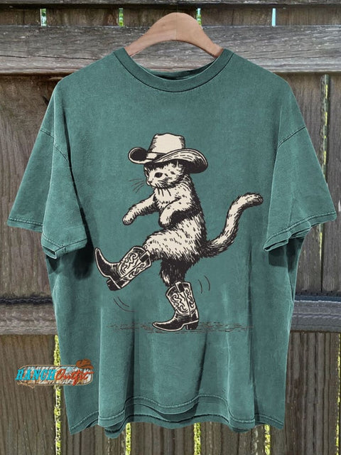 Cute Cowboy Cat Print T-Shirt S / Green