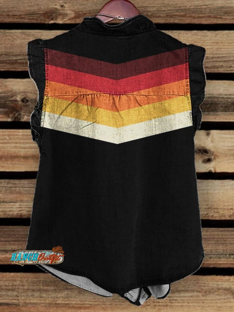 Black Women’s White And Red Stripes Print Ruffle Front Tank Top