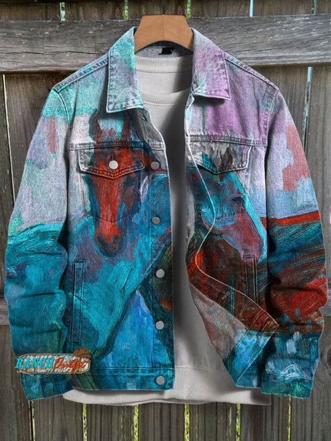 Retro Two Oil Painting Horses Print Casual Denim Jacket