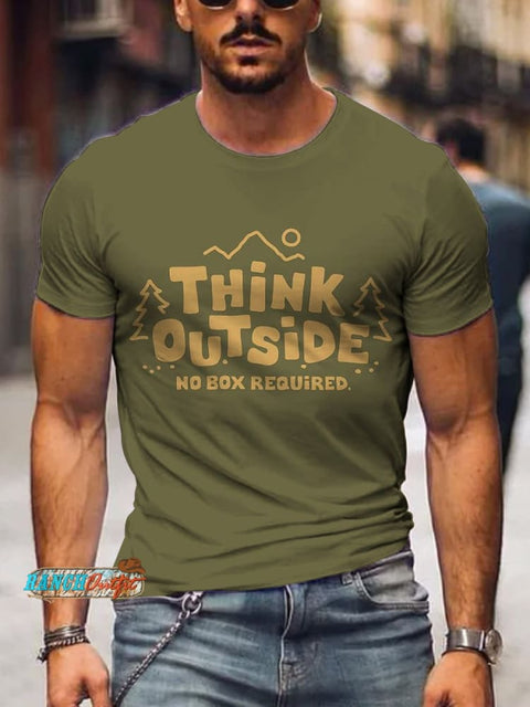 ’Think Outside No Box Required’ Funny Adventurous Outdoor Graphic Printed Men’s T-Shirt Green / S