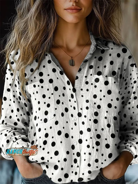 Women's White and Black Dot Print Casual Long Sleeve Comfortable Cotton Shirt