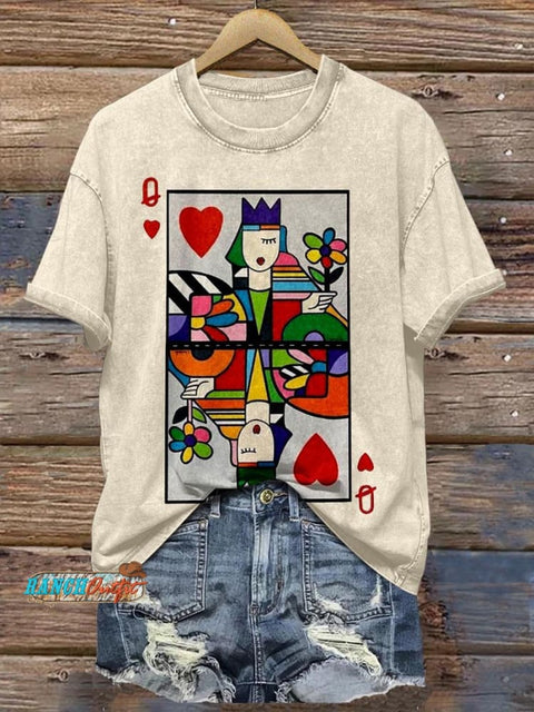 Poker Queen Of Hearts Abstract Style Print T-Shirt Multicolor / S