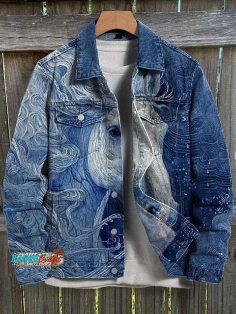 Blue Horse Art Print Casual Denim Jacket