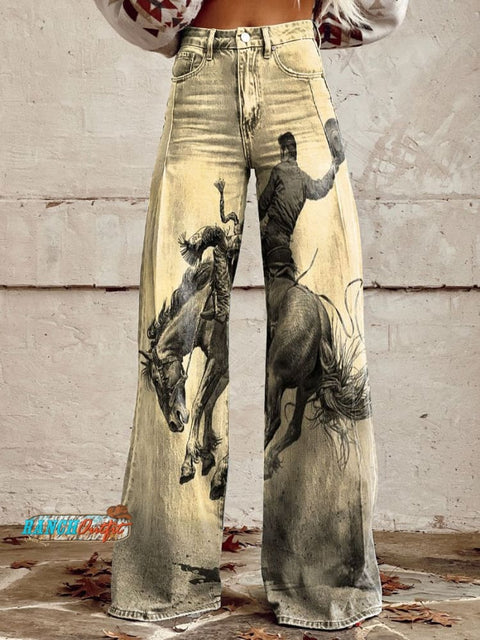 Women’s Wild West Cowboy Art Print Casual Wide Leg Pants / Xs