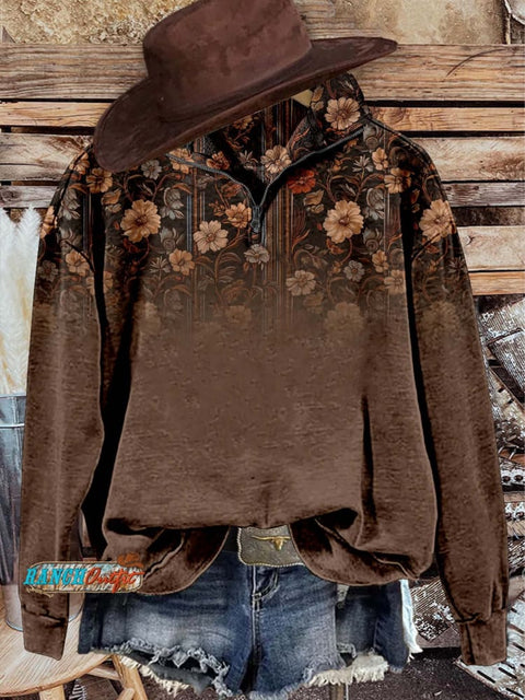 Brown Flower Casual Long Sleeve Zip Sweatshirt