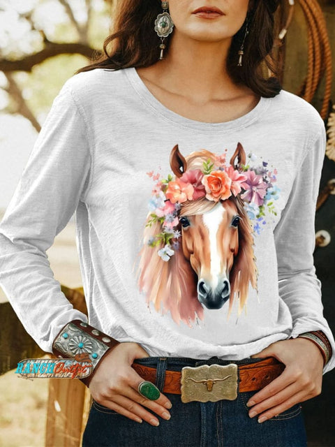 Women’s Wild Western Horse Art Print Casual T Shirt White / S