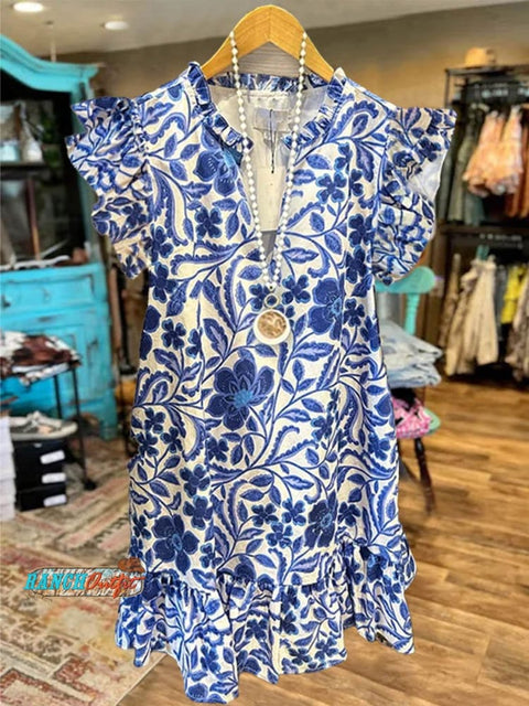 Women's Blue Flower Print Cotton Dress