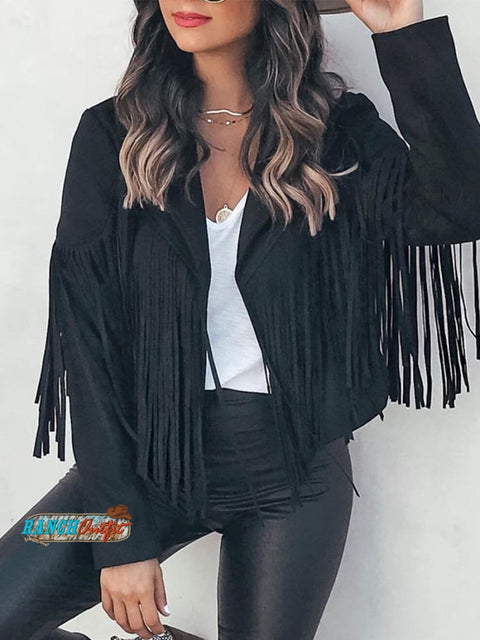 Lapel Fringe Short Jacket Black / S