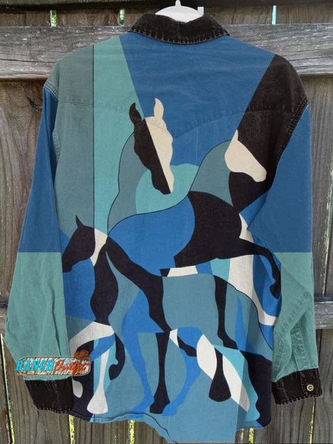 Unisex Vintage Horse Art Print Casual Shirt