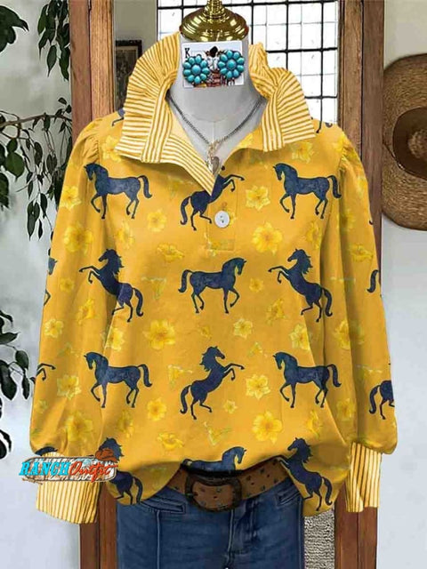 Women's Western Horse Print Casual Comfortable Cotton Henley Shirt